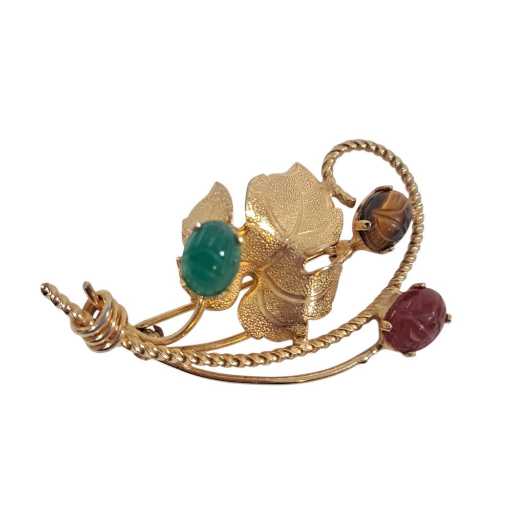 Vintage Burt Cassell Scarab Stone Beetle Brooch Pin 1/20 12 Gold Filled